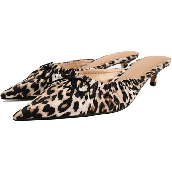 Shoes - Women's Leopard Slip On Mules Backless Low Heel Pumps Kitten Heel Bow Mules